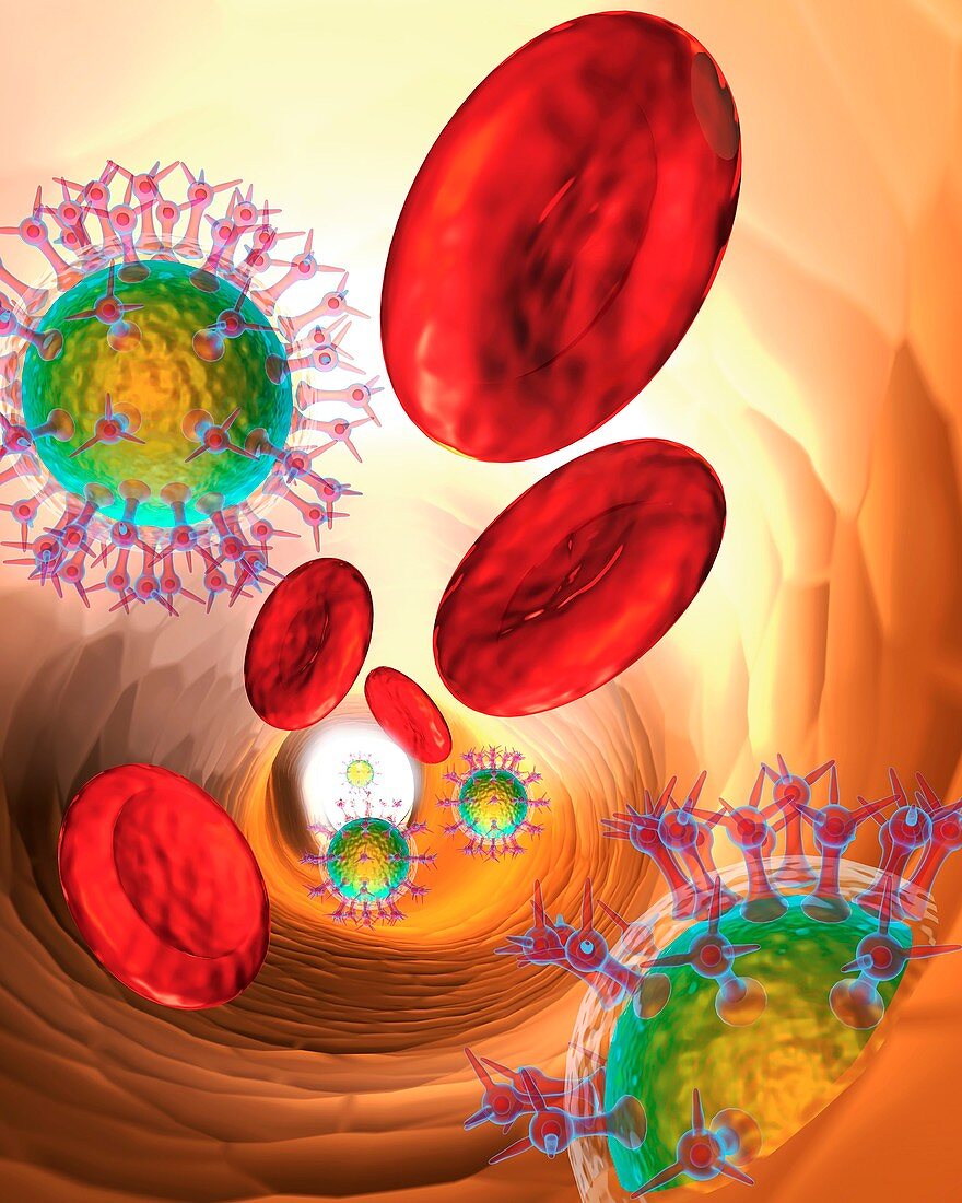 Red blood cells and viruses,illustration