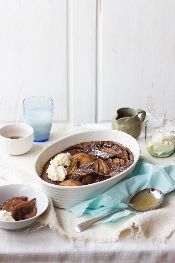 Chocolate clafoutis with pears and gorgonzola