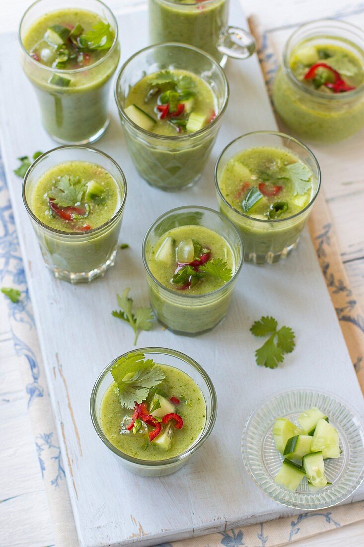 Green gazpacho with cucumber, celery, green peppers, red chilli peppers and coriander leaves