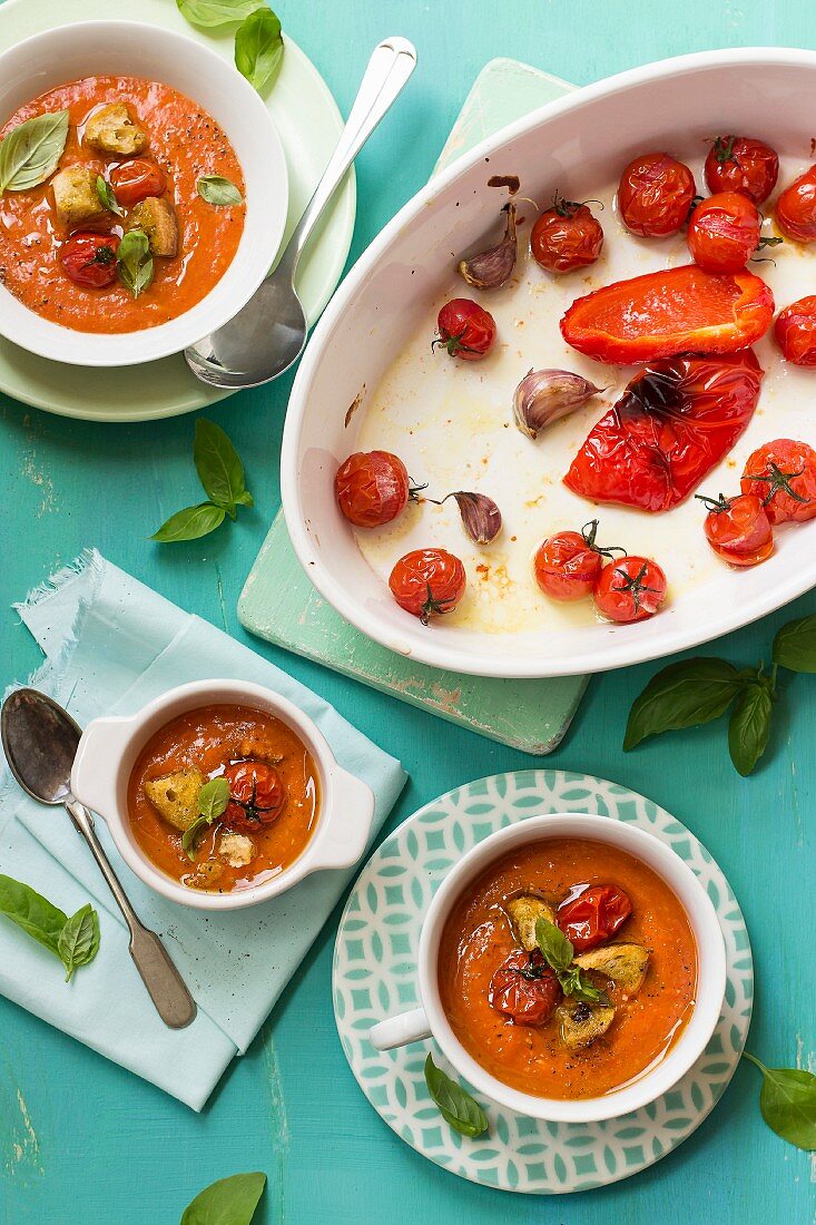Roasted pepper and cherry tomato soup with garlic and basil