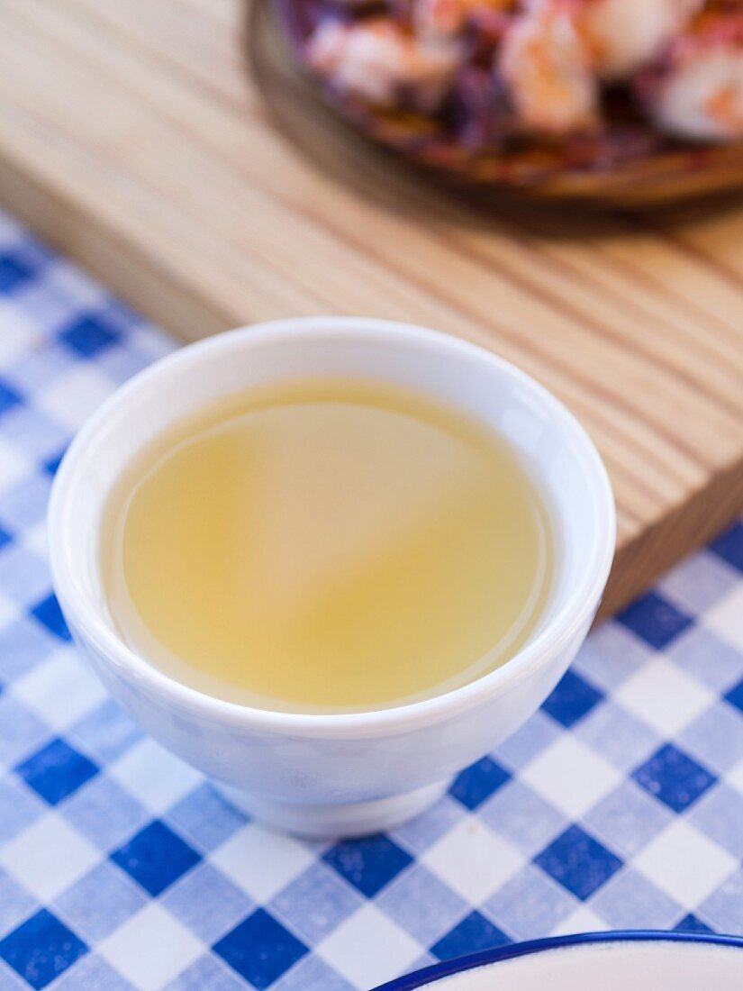 Galician albariño white wine served in a traditional cup (taza)