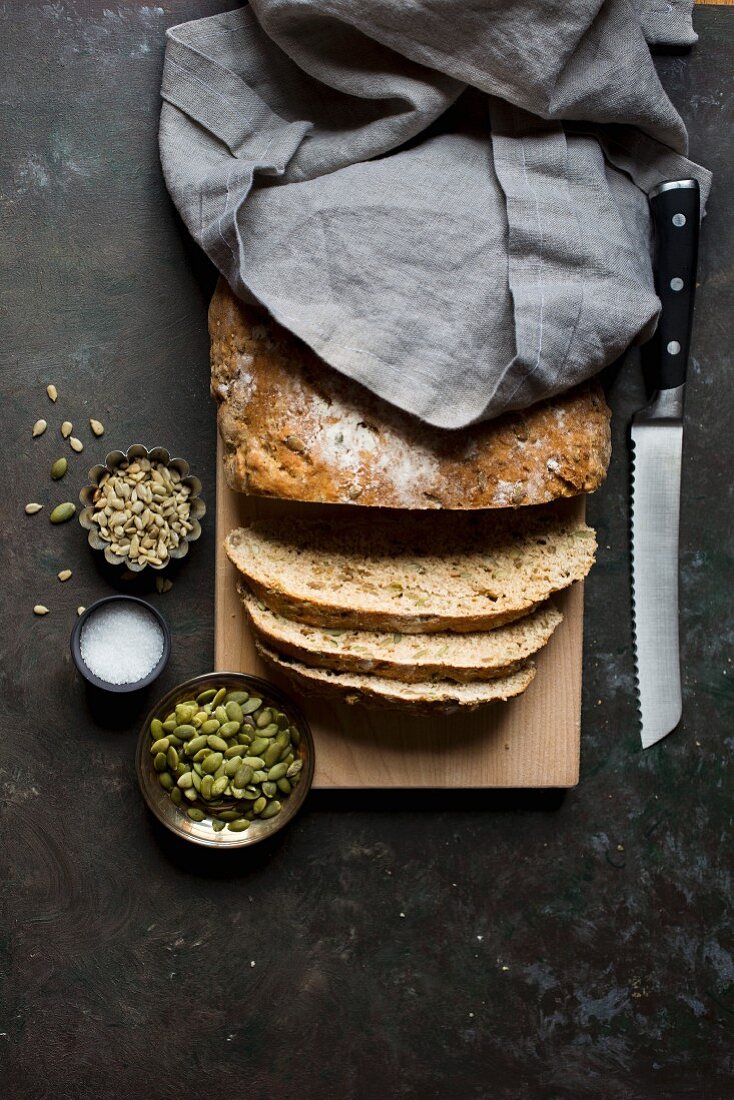 Home-baked bread with seeds, sliced