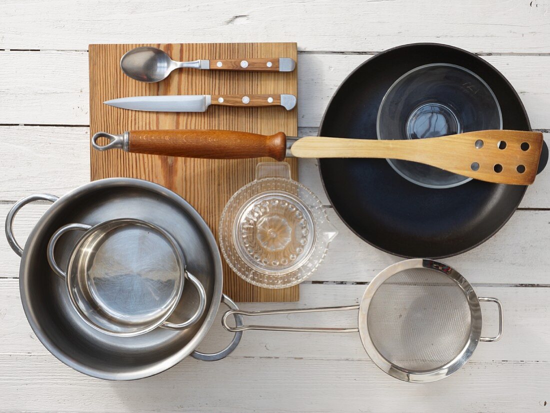 Kitchen utensils for making a potato and salmon dish