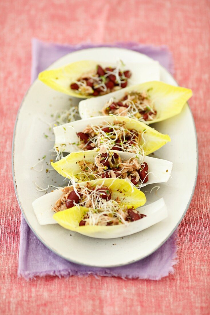 Chicoreeblätter mit Thunfisch, Kidneybohnensalat und Sprossen