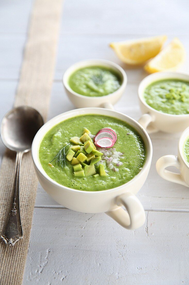 Avocado and cucumber soup with radish