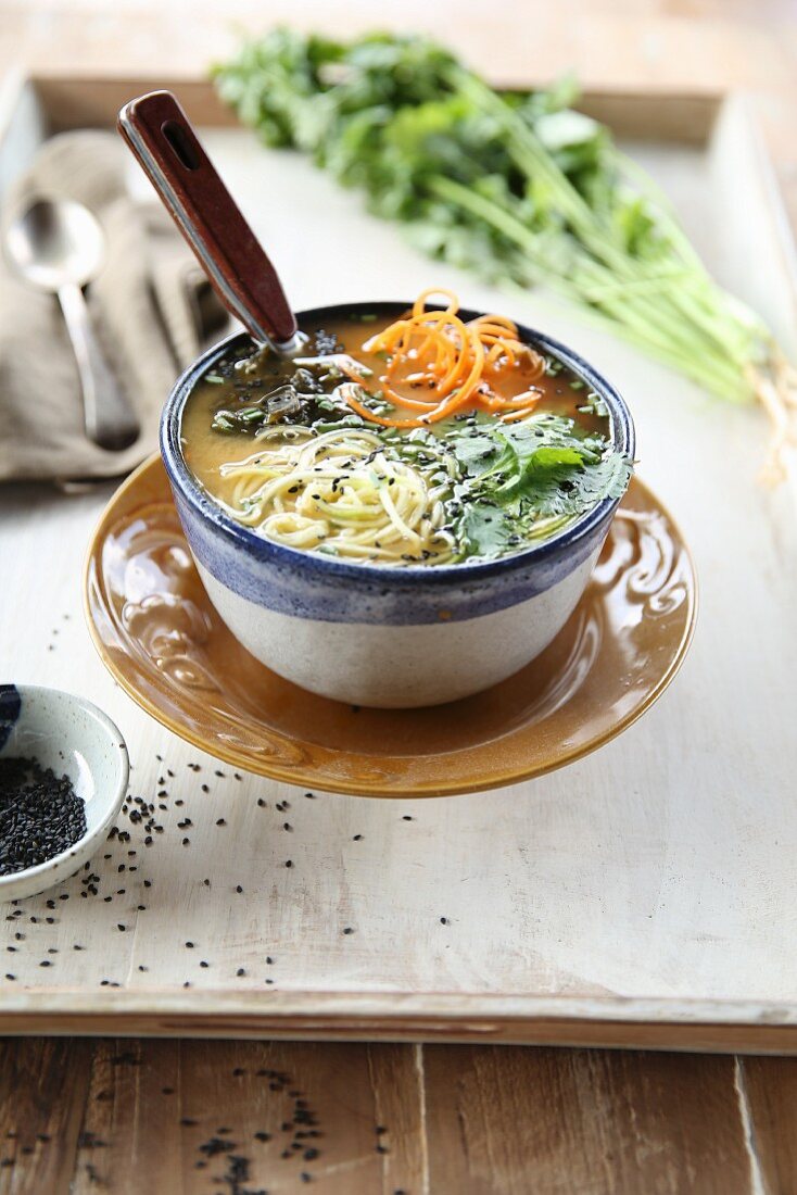 Misosuppe mit Rohkost und Koriandergrün (Asien)