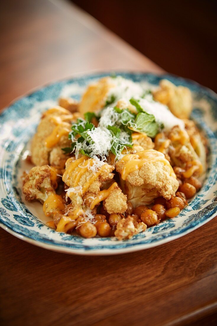 Pan-fried cauliflower and chickpeas on a vintage plate