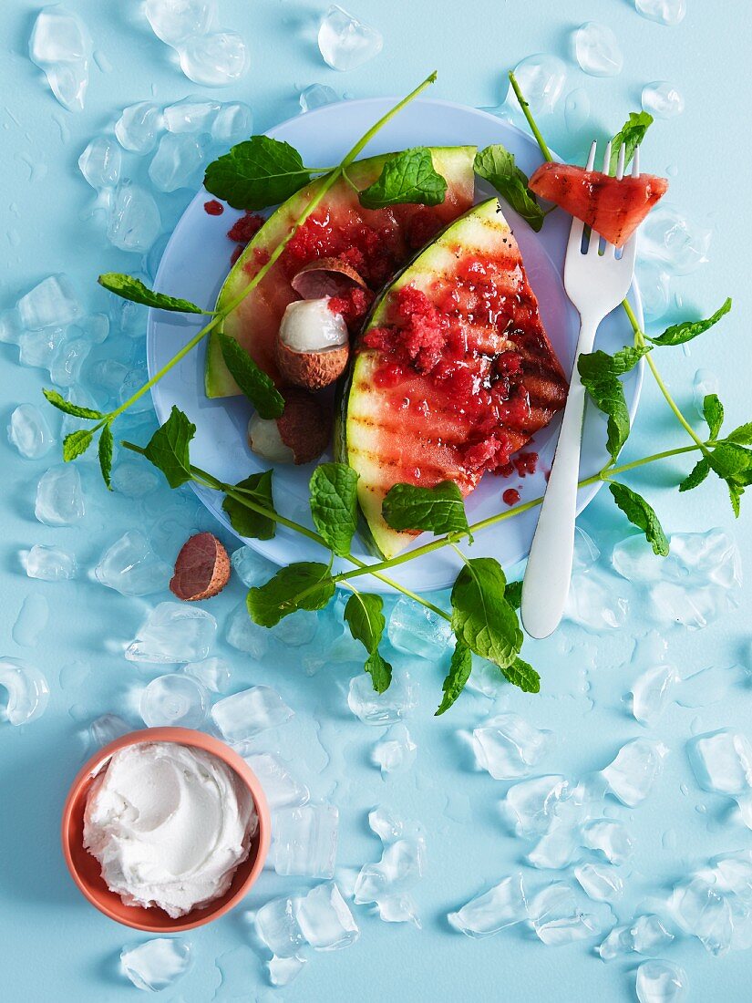 Watermelon ice cream on grilled watermelon slices