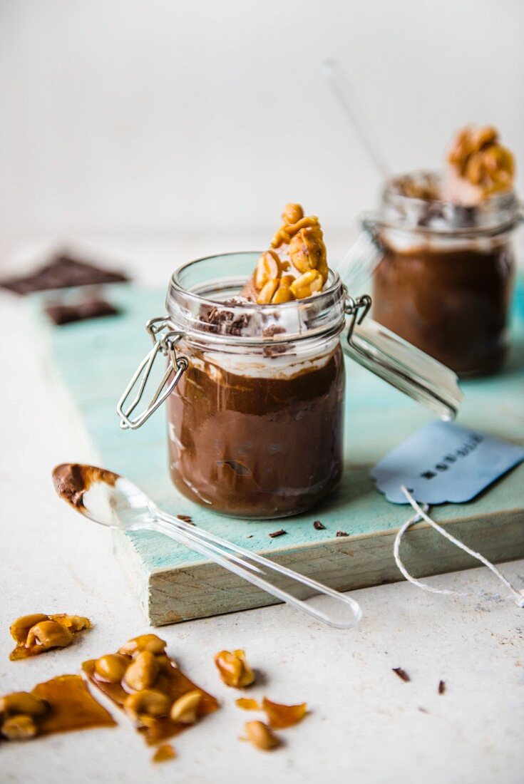 Avocado and chocolate mousse with peanut brittle