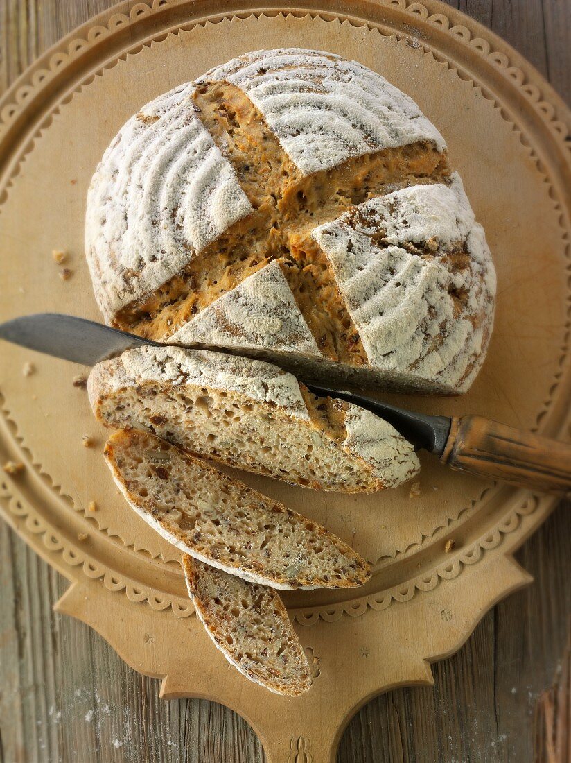 Handmade sour dough wholemeal bread made with rye flour, sliced