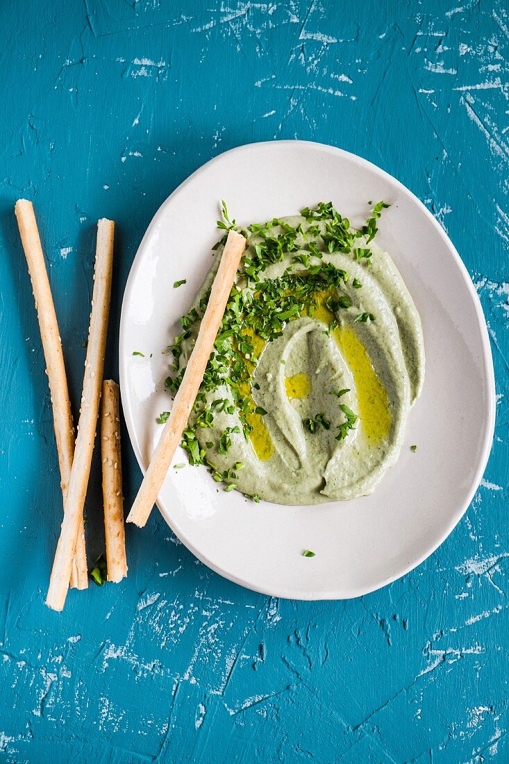 Red lentil and basil hummus with grissini