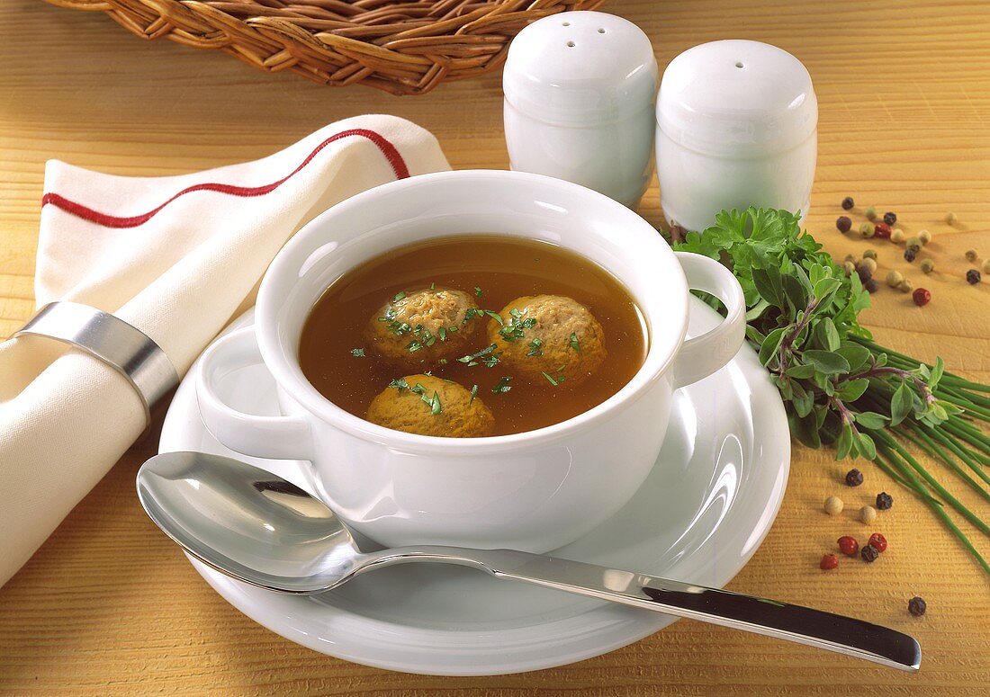 Liver Dumpling Soup with Herbs in Soup Mug