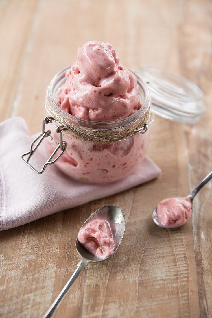 Vegan berry ice cream in a flip-top jar