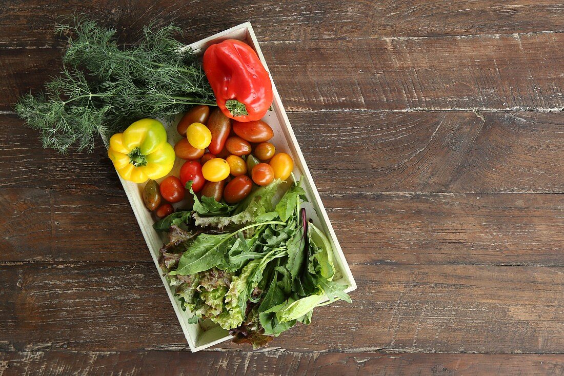 Gemüse und Salat auf Holztablett und Holzuntergrund (Aufsicht)