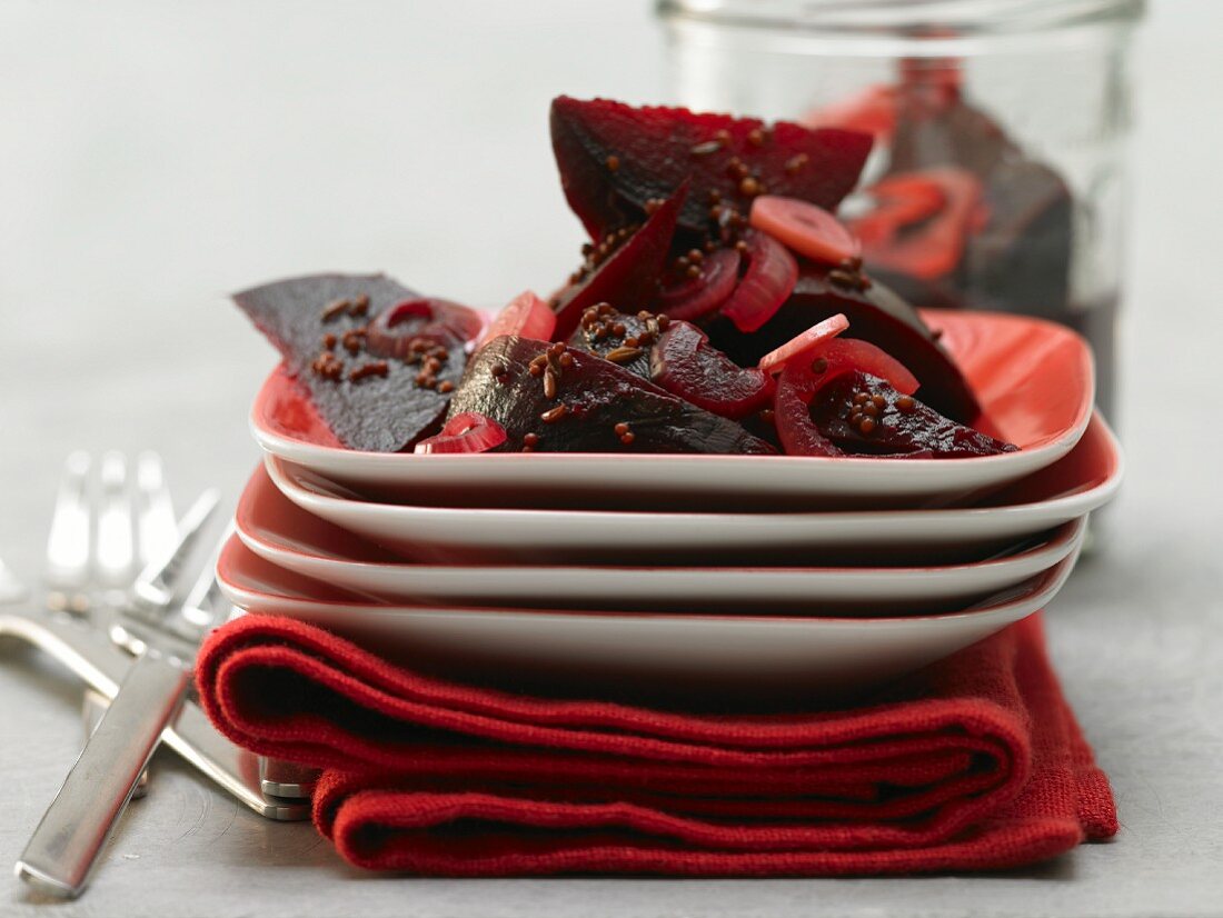 Pickled beetroots with onions, garlic and caraway