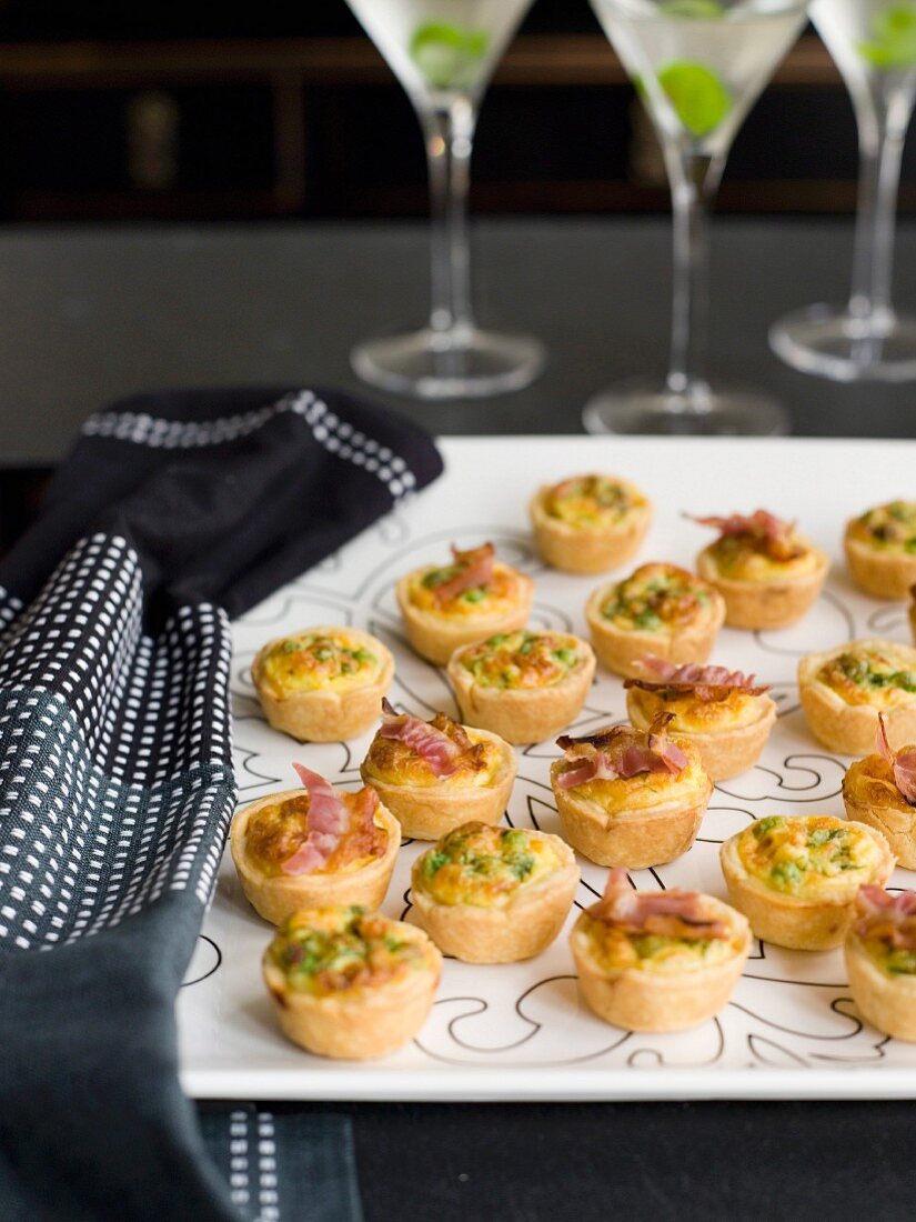 Crab and Filo Pastries and Crisp Pancetta and Pea Quiches