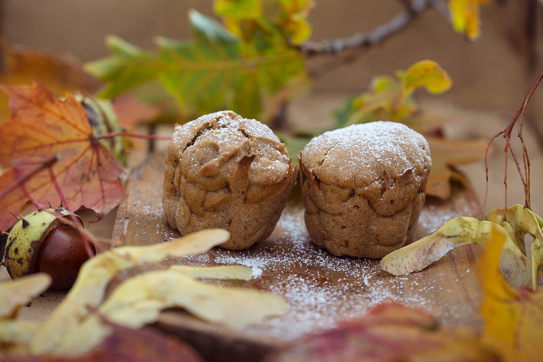 Vegan butternut squash muffins with autumn decoration