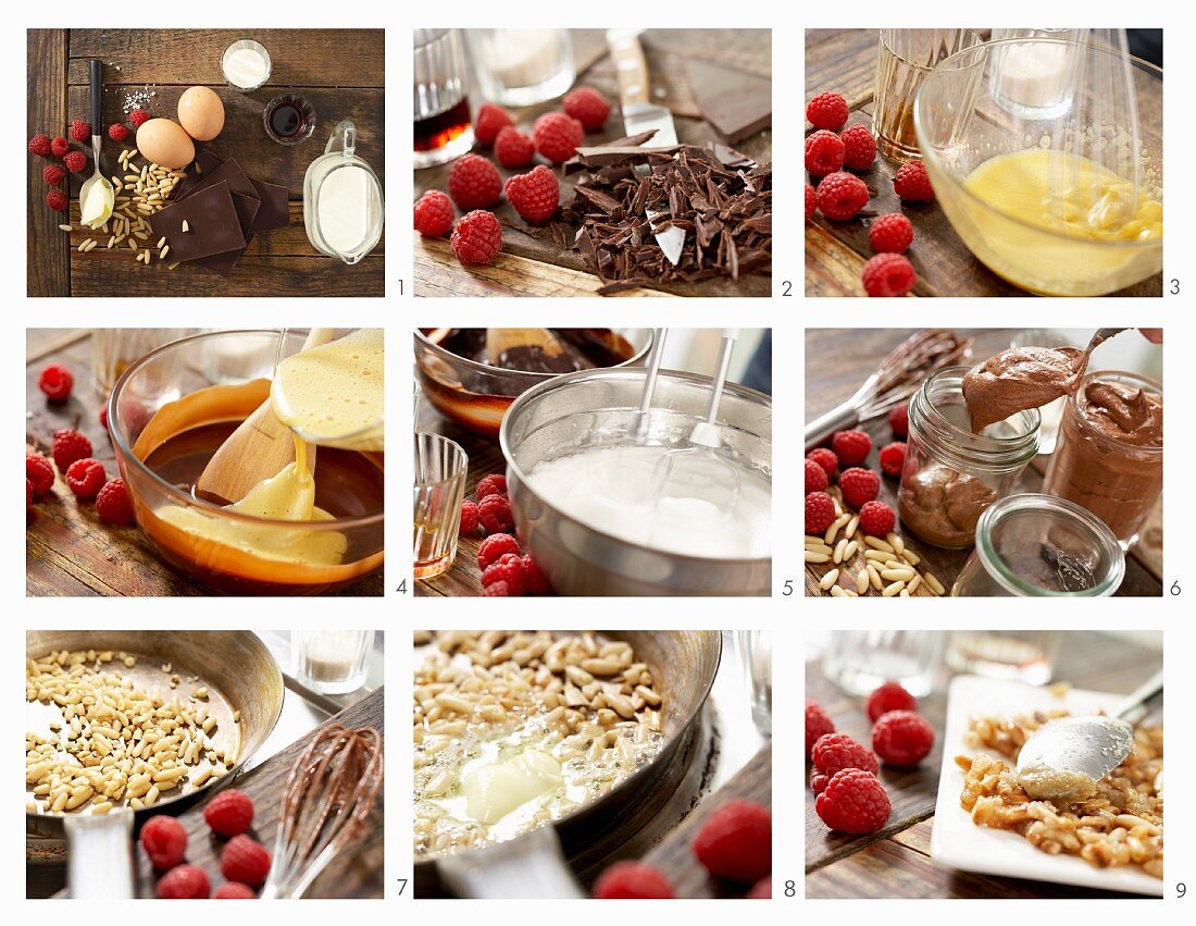 Mousse au chocolat with pine nut brittle and raspberries being made