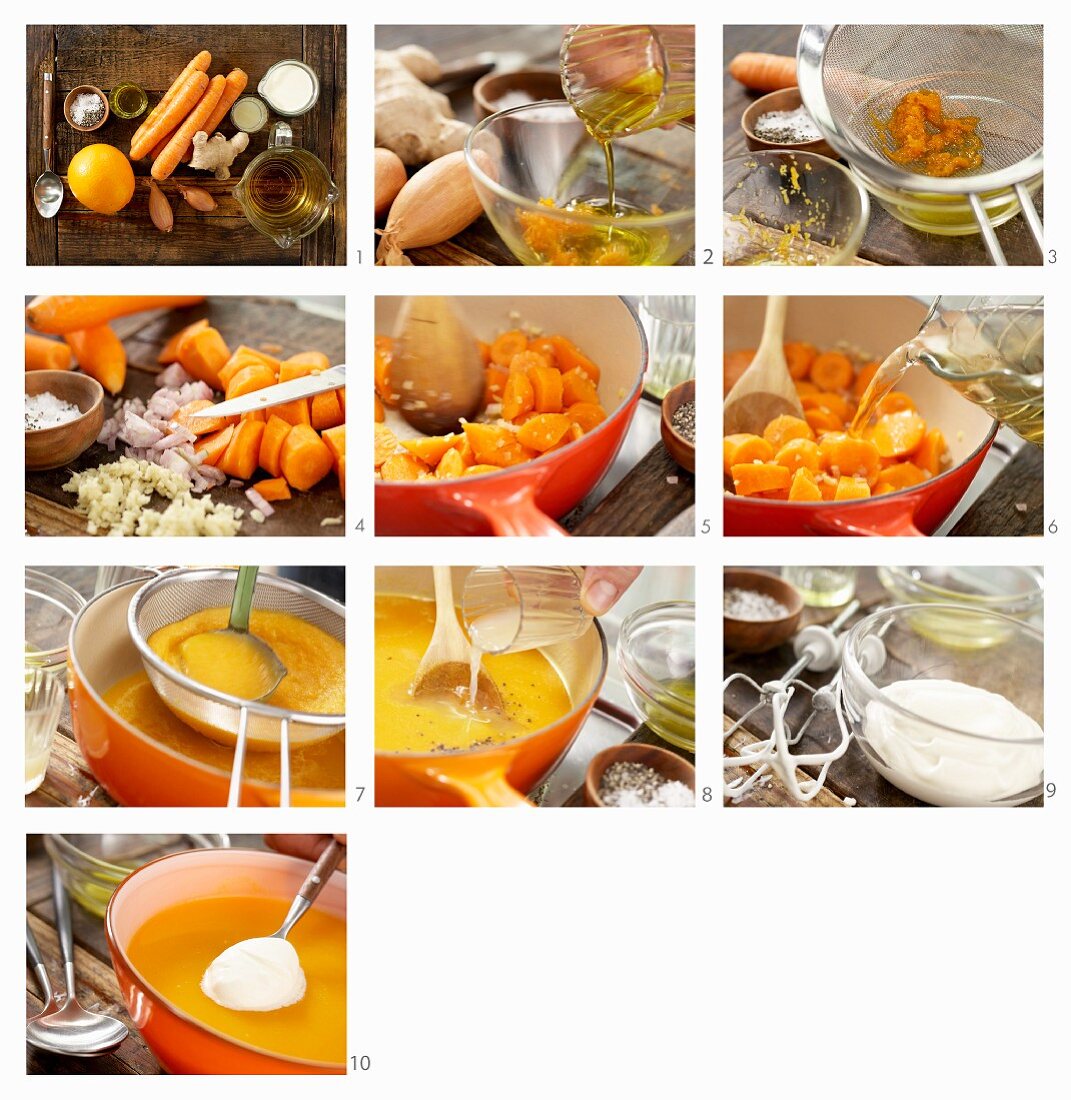 Möhren-Ingwer-Suppe mit Orangenöl zubereiten