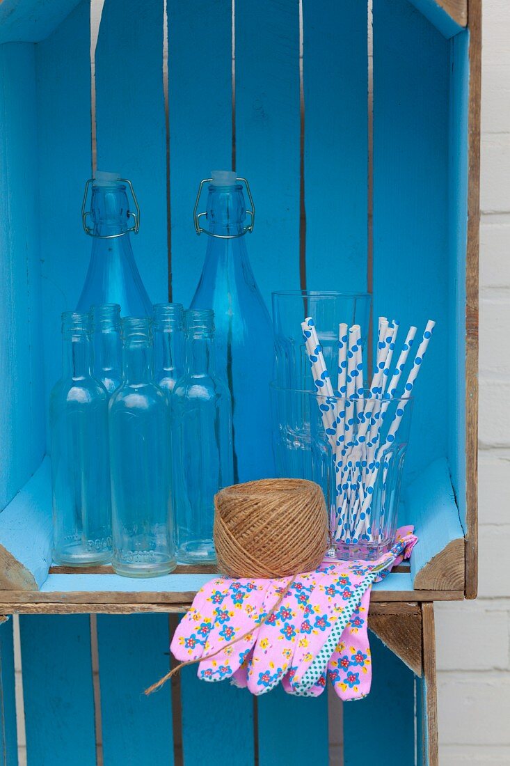 Decorative arrangement in painted wooden crates