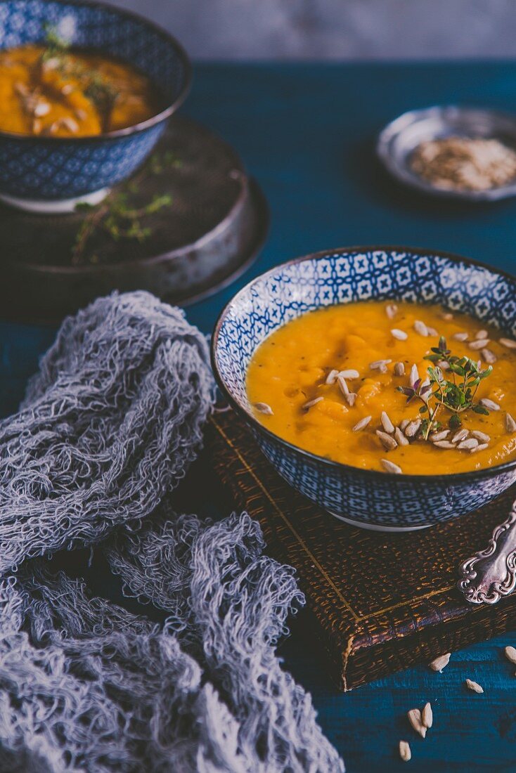 Butternut squash soup with sunflower seeds