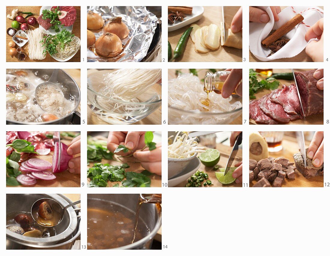 Vietnamesische Suppe mit Rindfleisch und Reisnudeln zubereiten