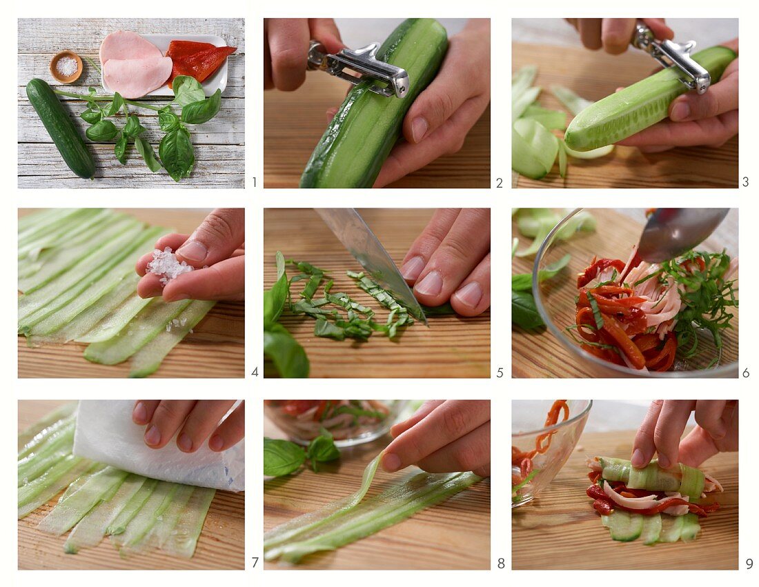 How to prepare stuffed cucumber rolls with peppers and turkey breast