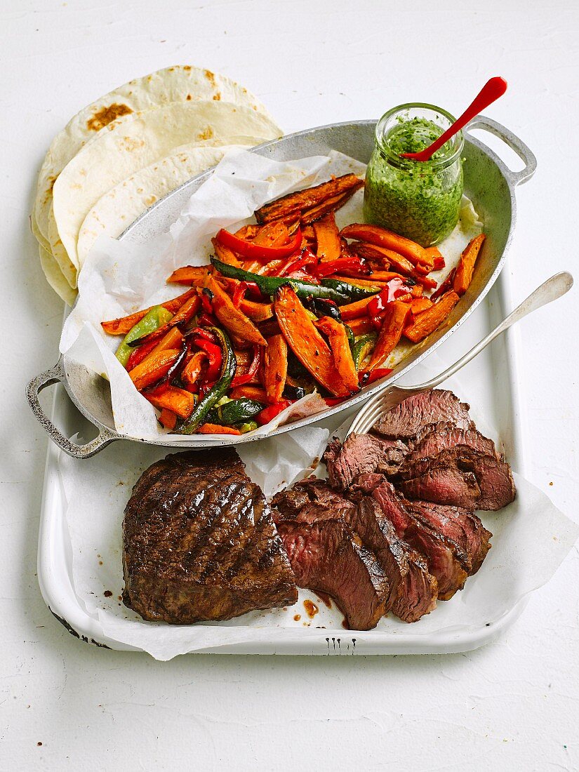 Seared Steak and Spiced Veg Chips with Pepita Pesto