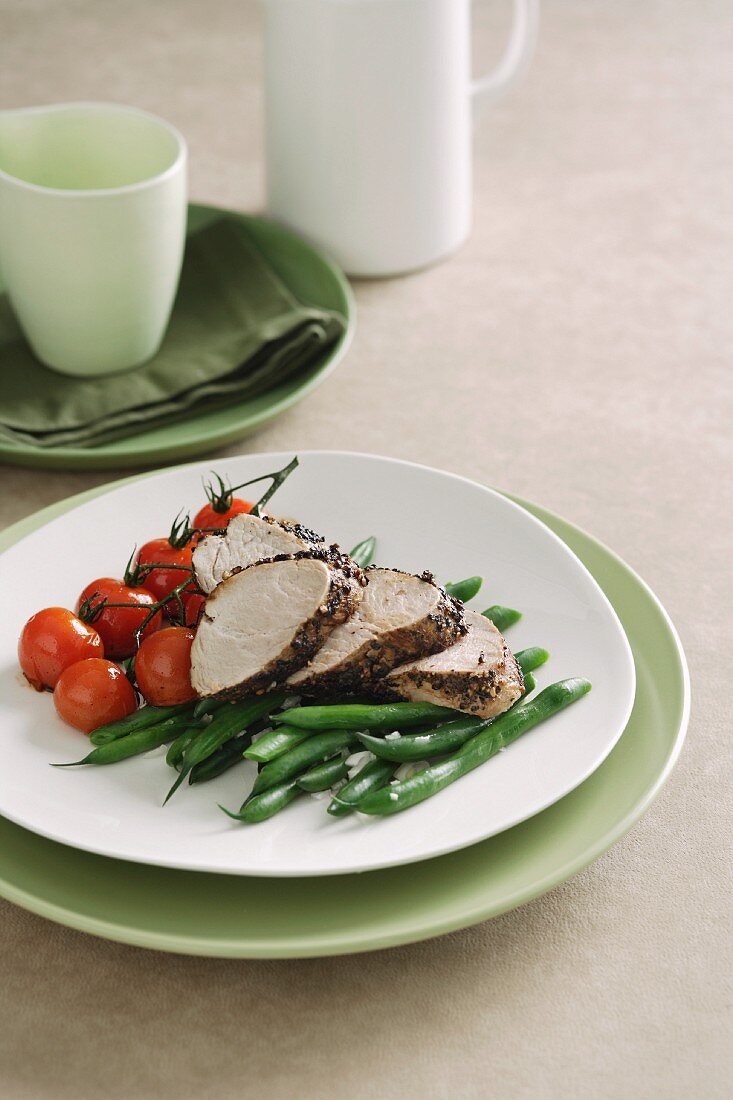 Pepper Crusted Pork Fillet with Green Beans
