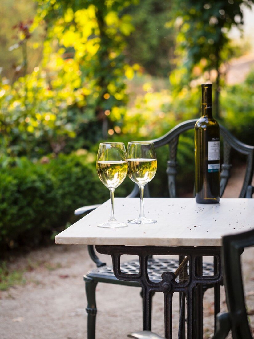 Zwei Gläser Albarino Weißwein, serviert im Garten eines der Weingüter in Galizien, Spanien