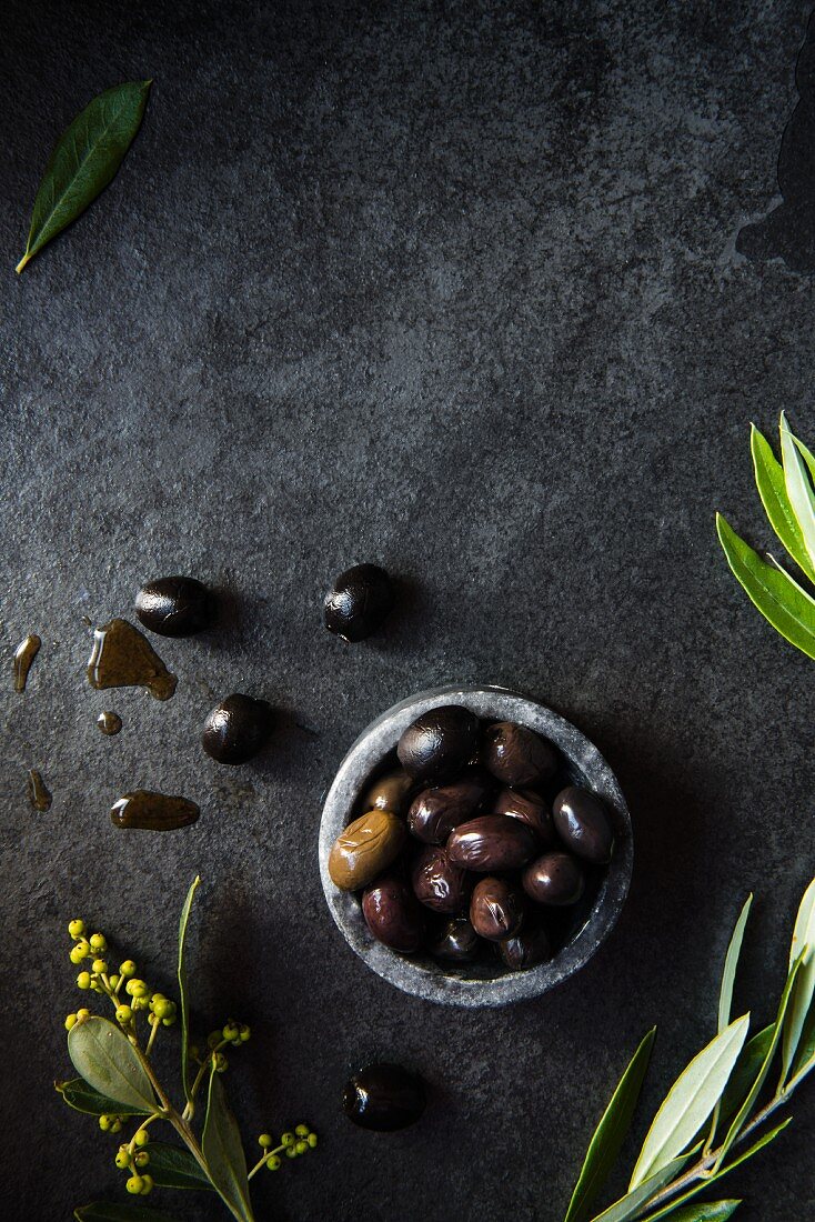 Eine Schüssel Oliven mit Olivenzweig