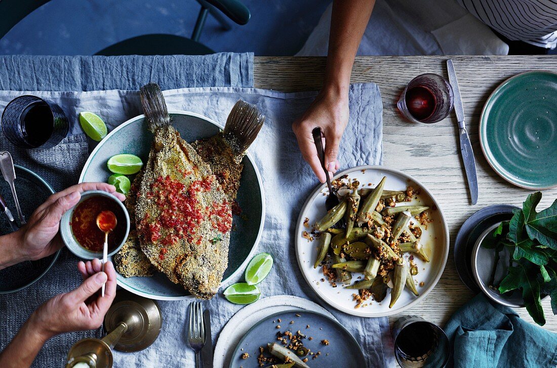 Flounder fried in fuba with finger lime and young ginger