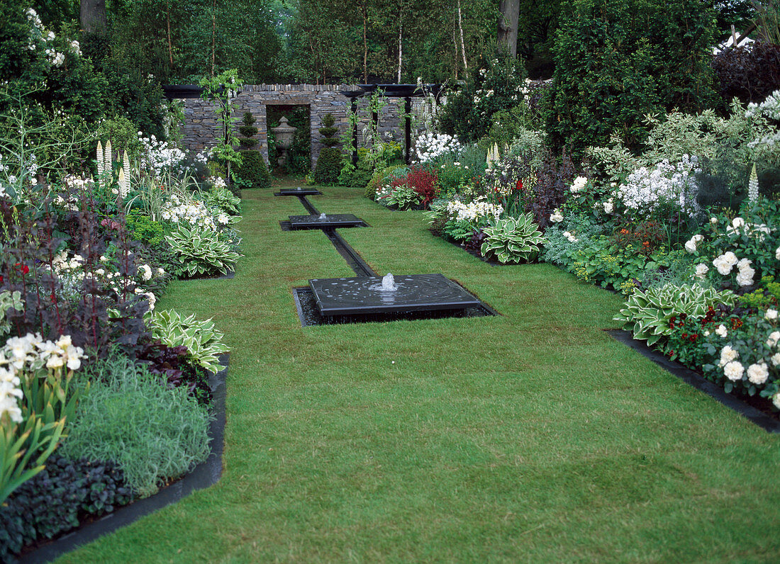 White garden with water feature