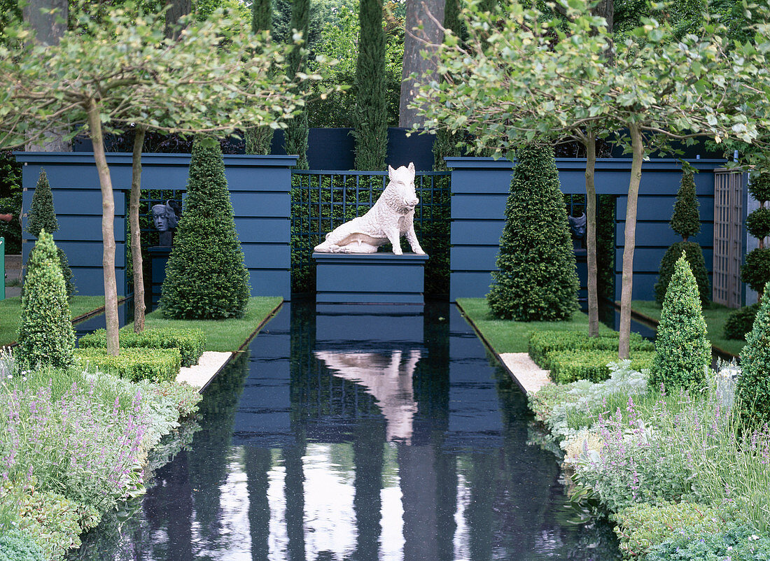 Formal garden with pruned boxwoods