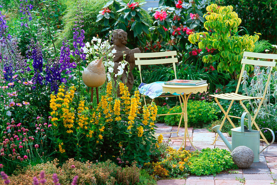 Seat in the garden with Lysimachia, Delphinium