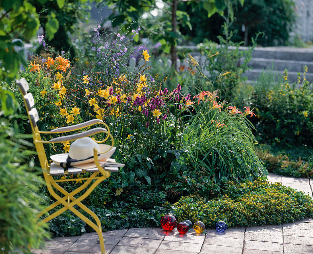 Garden with Hemerocallis hybr. 'Citrina' (daylilies), Stachys