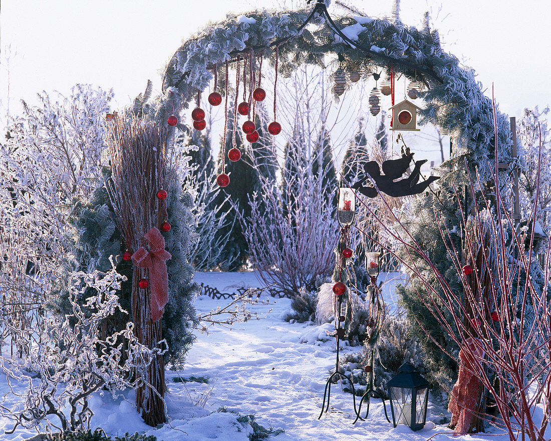 Rose arch in winter with red balls, tit dumplings, sheet metal ball and lanterns