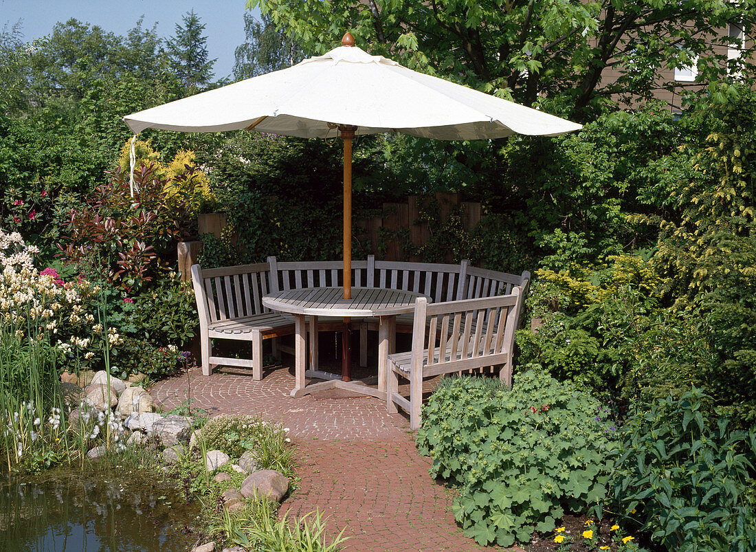 Seating area with white umbrella