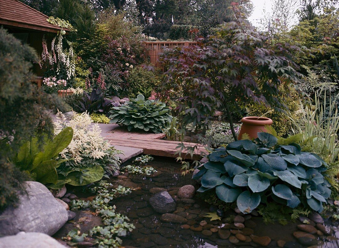 Garden pond with footbridge