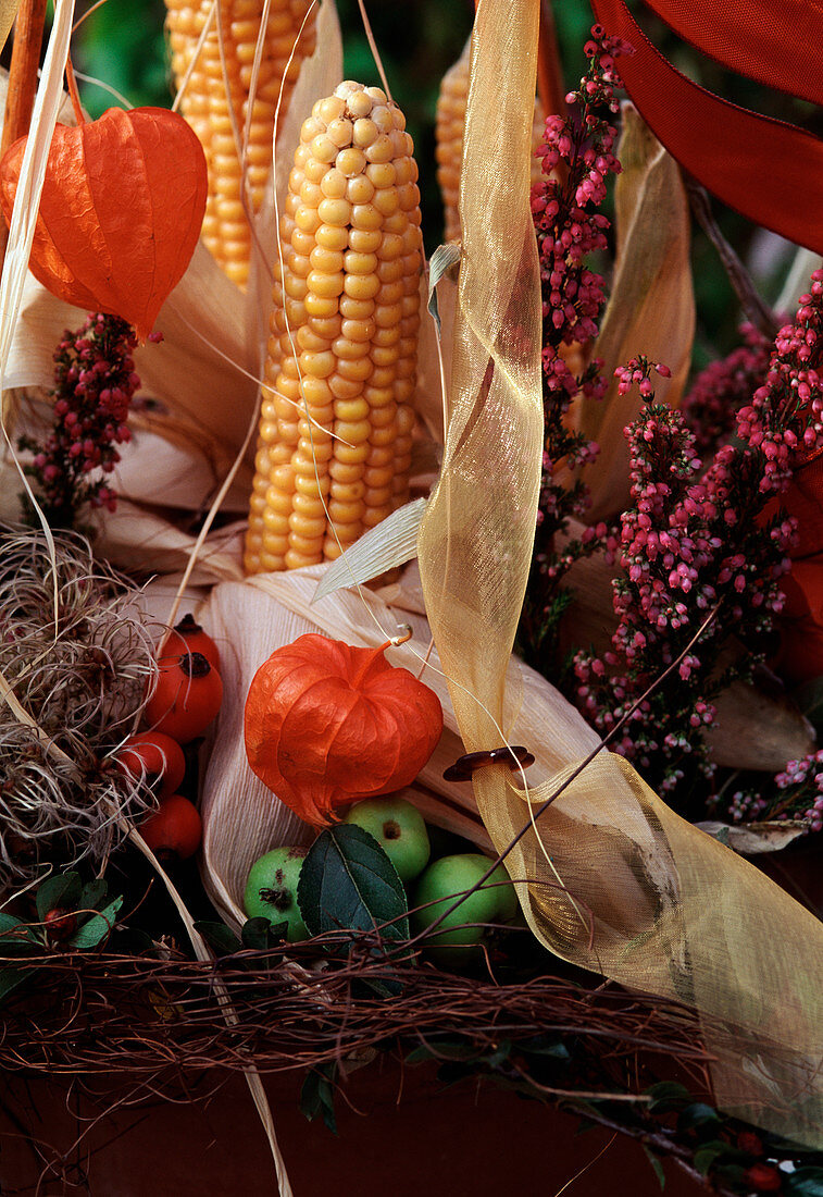 Flower arrangement with Zea mays (corncob), Physalis, Calluna