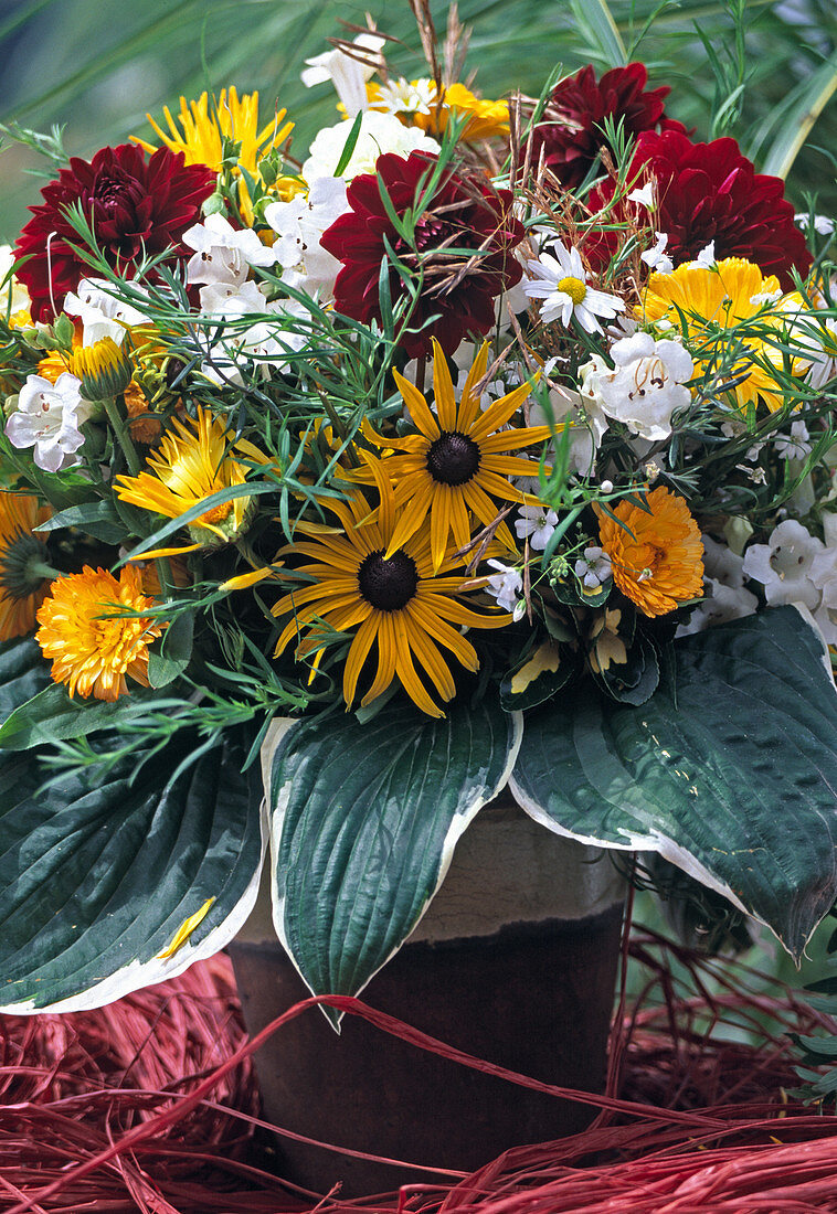 Bouquet with Dahlia, Rudbeckia, Calendula, Hosta