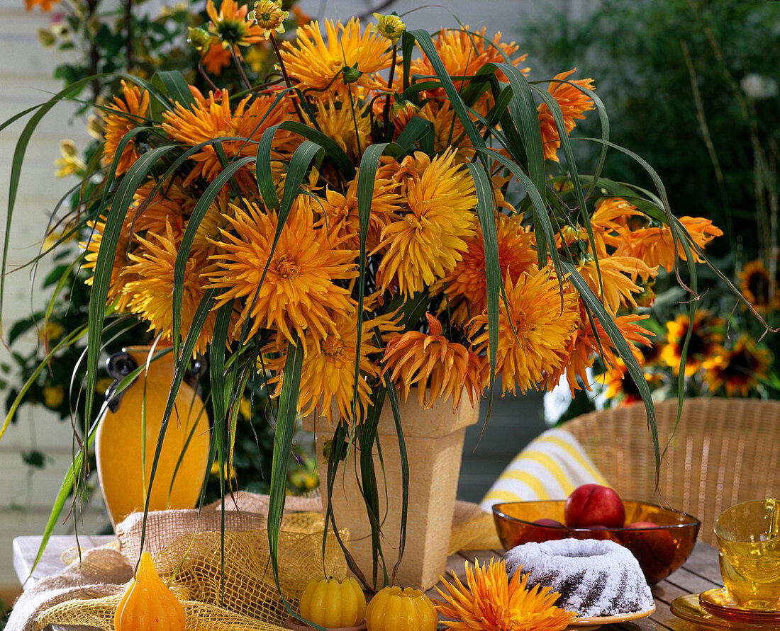 Bouquet of cactus dahlias and grasses