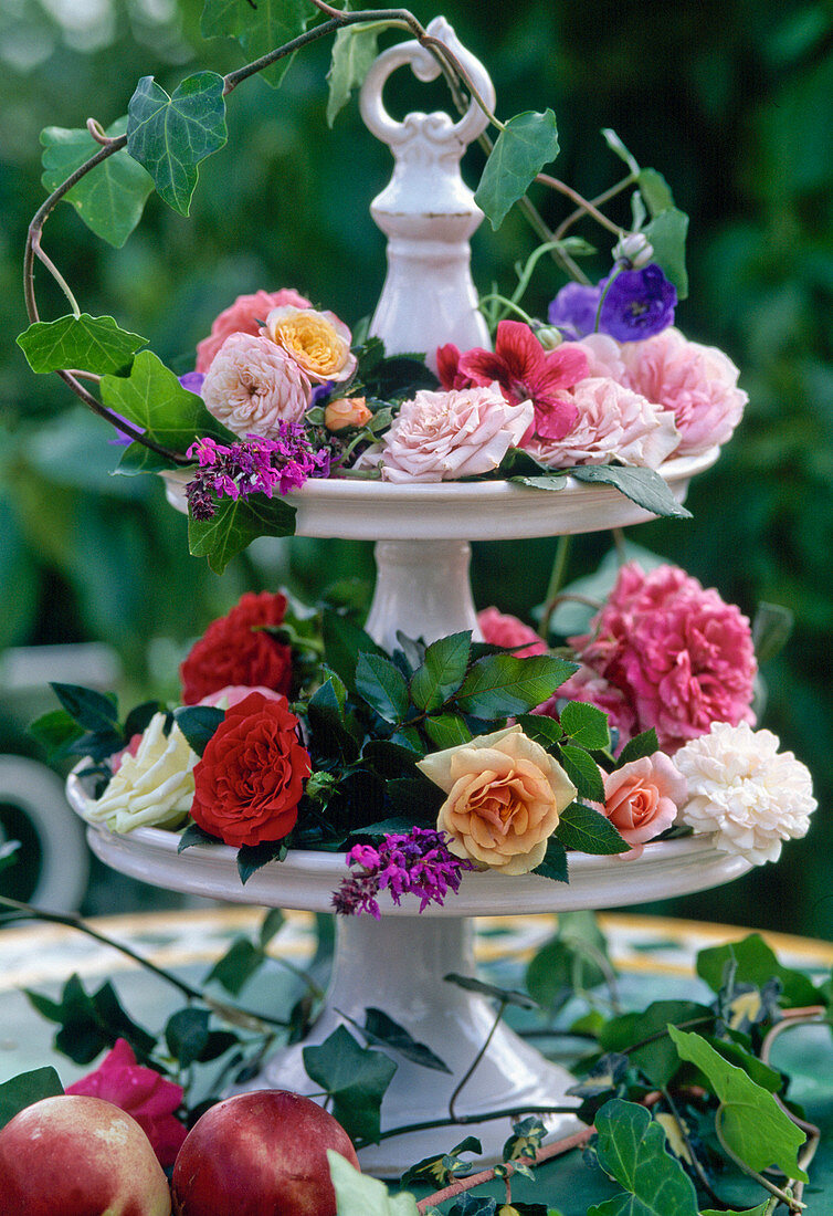 Etagere with rose petals