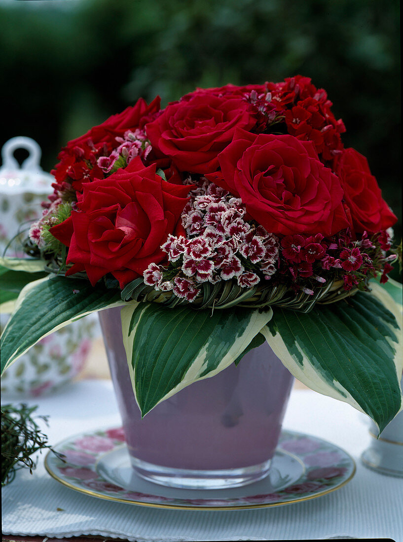 Red roses and Dianthus barbatus (bearded carnation), Hosta (funcias)