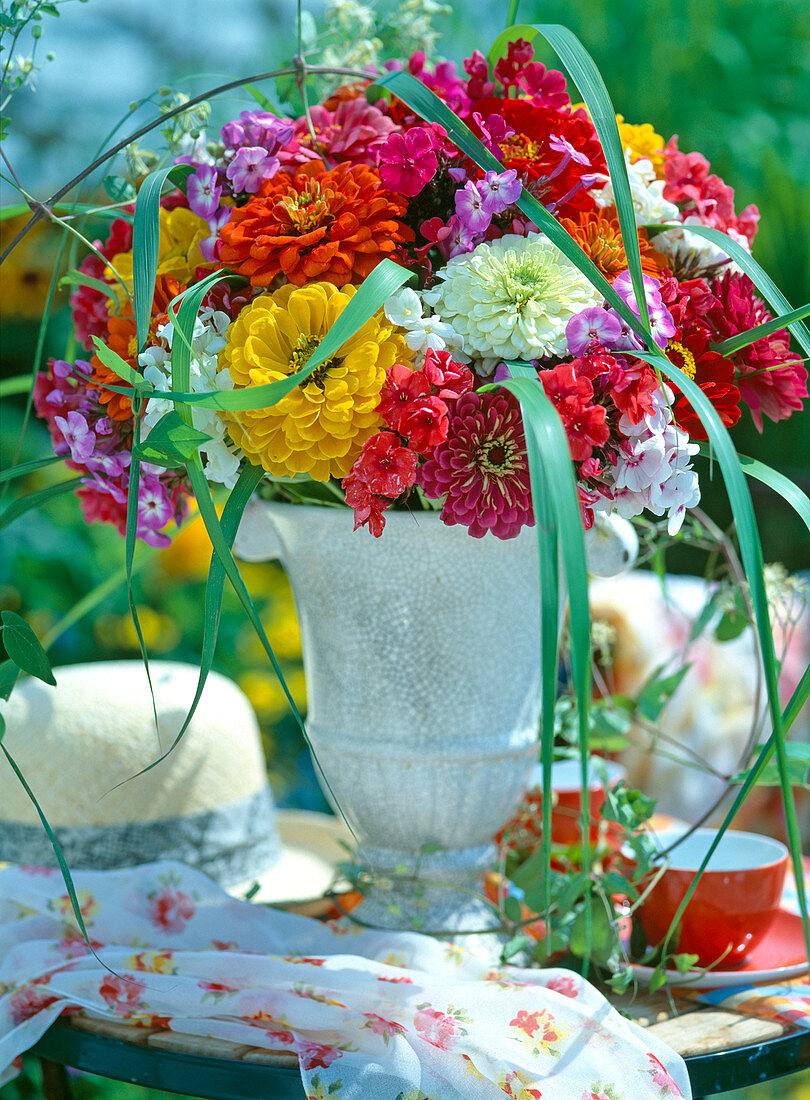 Zinnia elegans (Zinnia), Miscanthus (Chinese Moss), Phlox