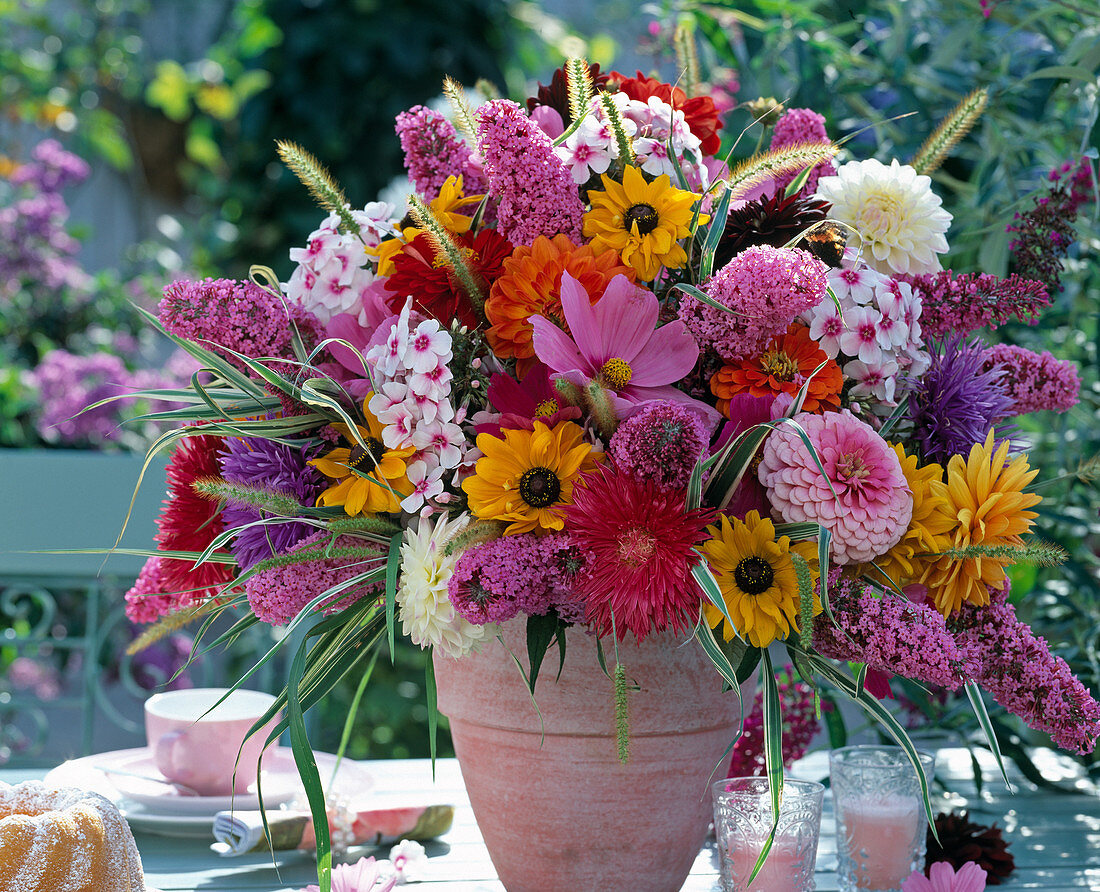 Summer bouquet with Rudbeckia (sun hat), Cosmos (jewelry basket)