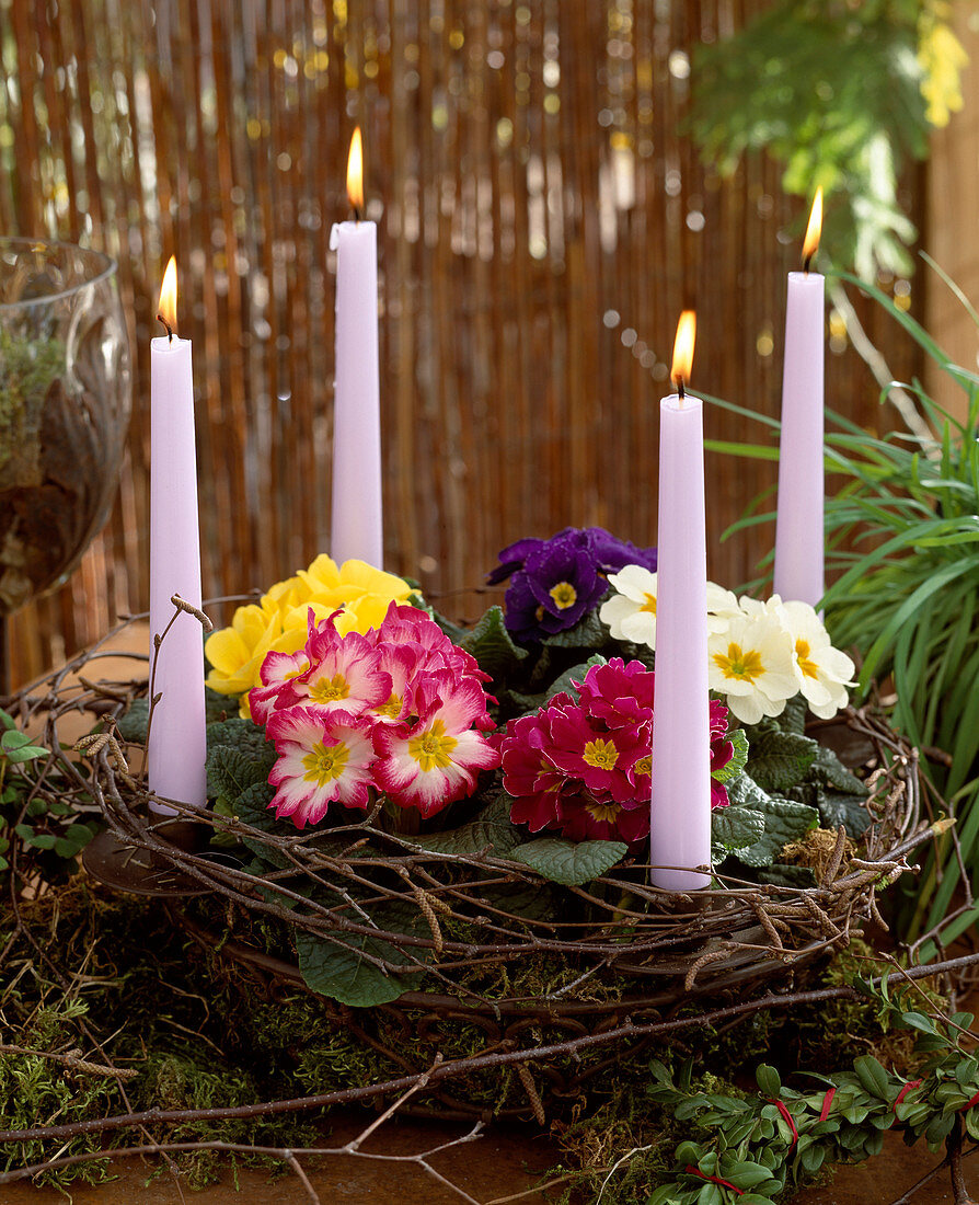 Iron rack with candle holder, moss lined, birch twigs