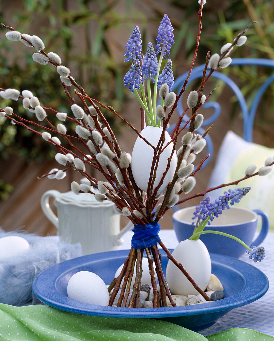 Nest of Salix twigs Catkins, duck eggs as a vase