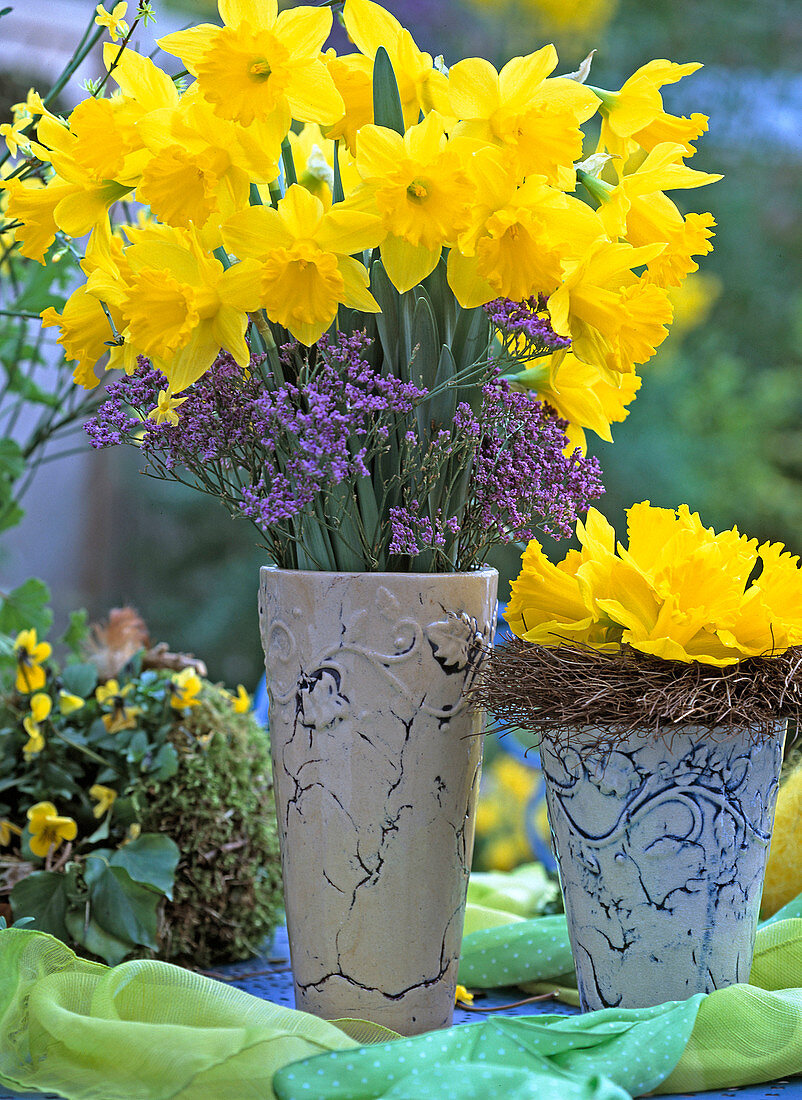 Bouquet of daffodils 'Goldmedallion' and beach lilacs