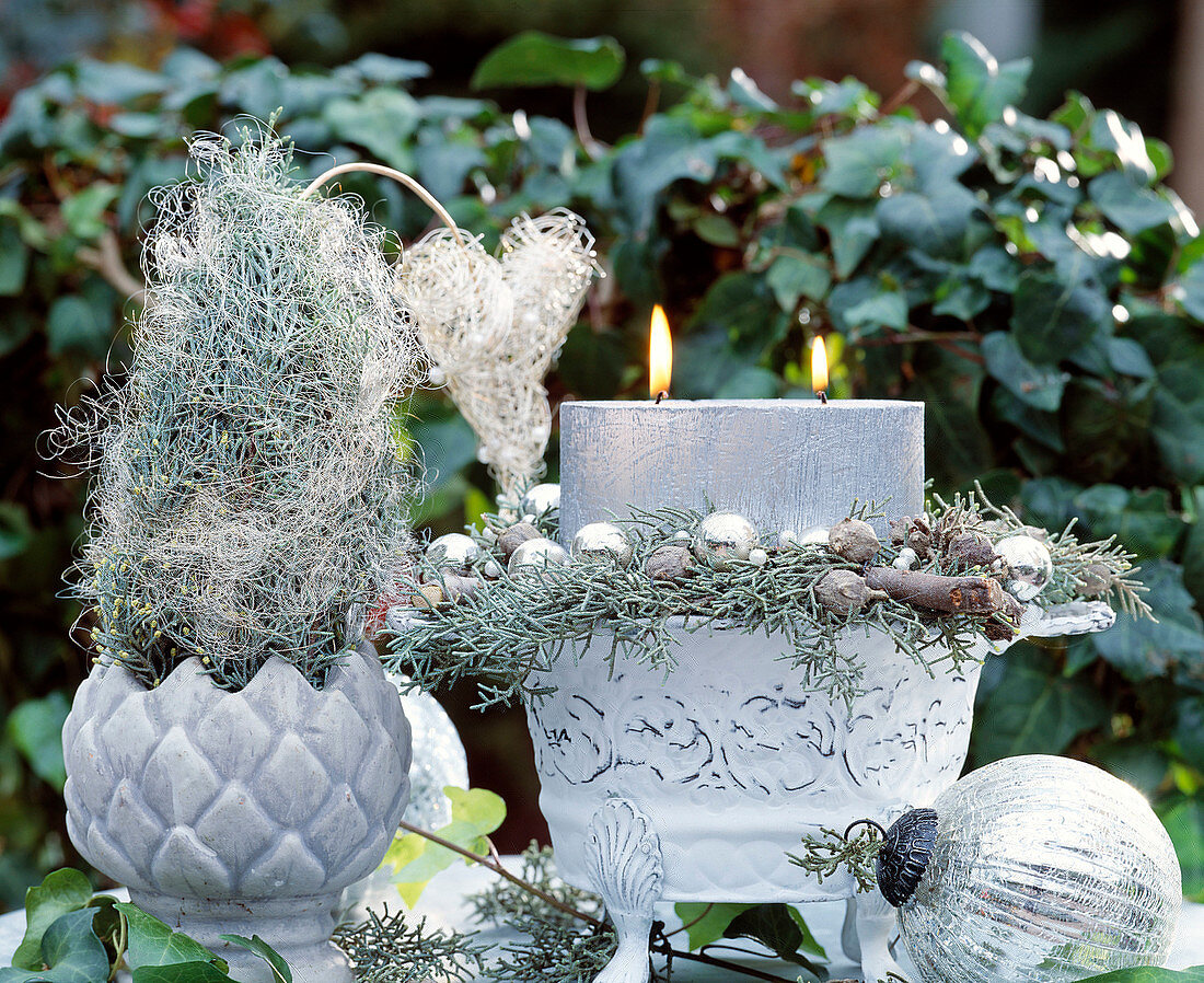 Silver-white Christmas decoration with cypress twigs